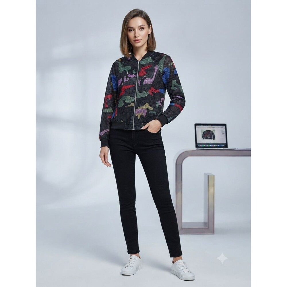 Gracia Women's Bomber Jacket Size S Black Multicolor Camo Mesh Zip Up NWOT